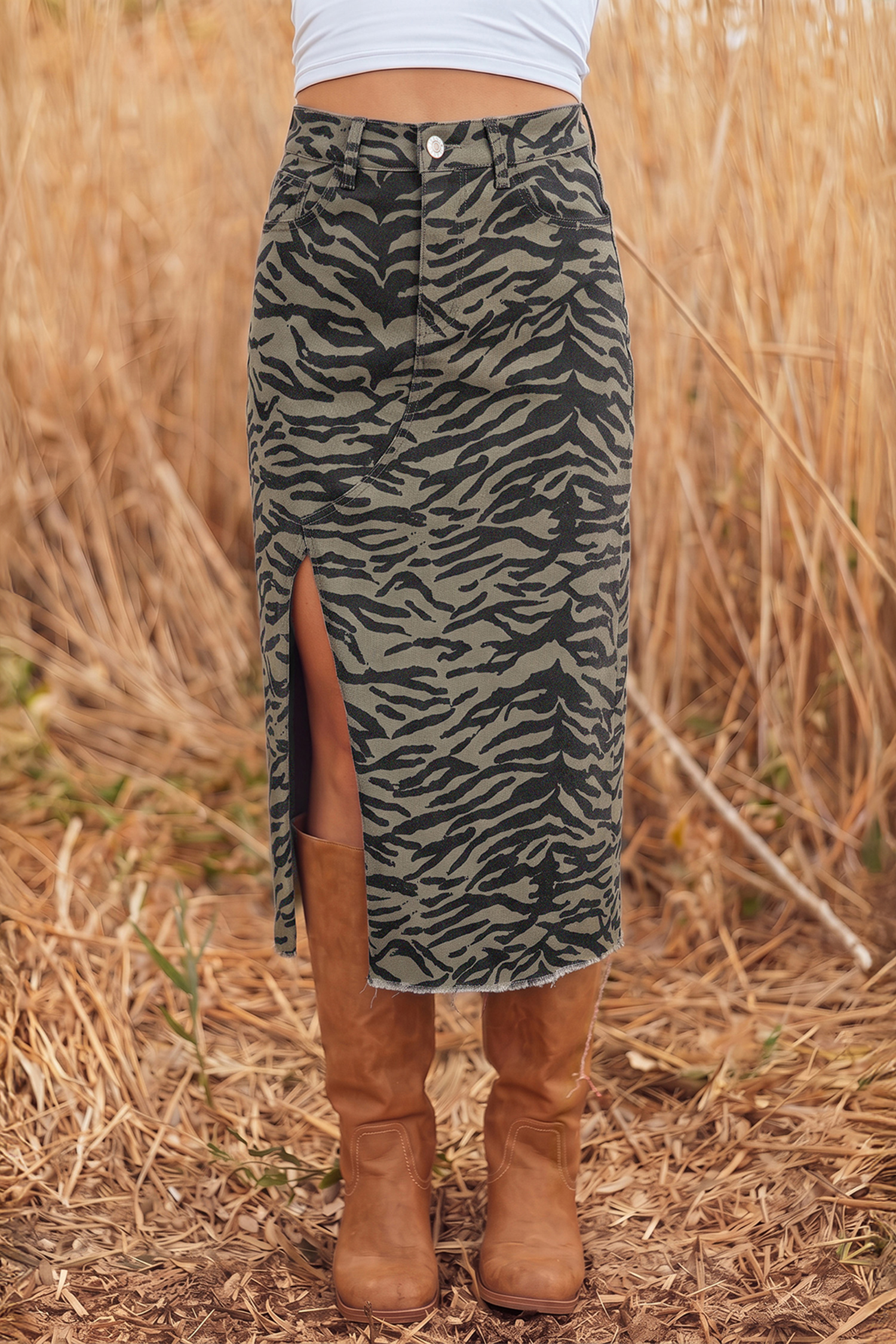 Women's Animal Print Skirt, High Waisted Denim Midi Style - Detail View 2 Women's Animal Print Skirt, High Waisted Denim Midi Style - Detail View 2