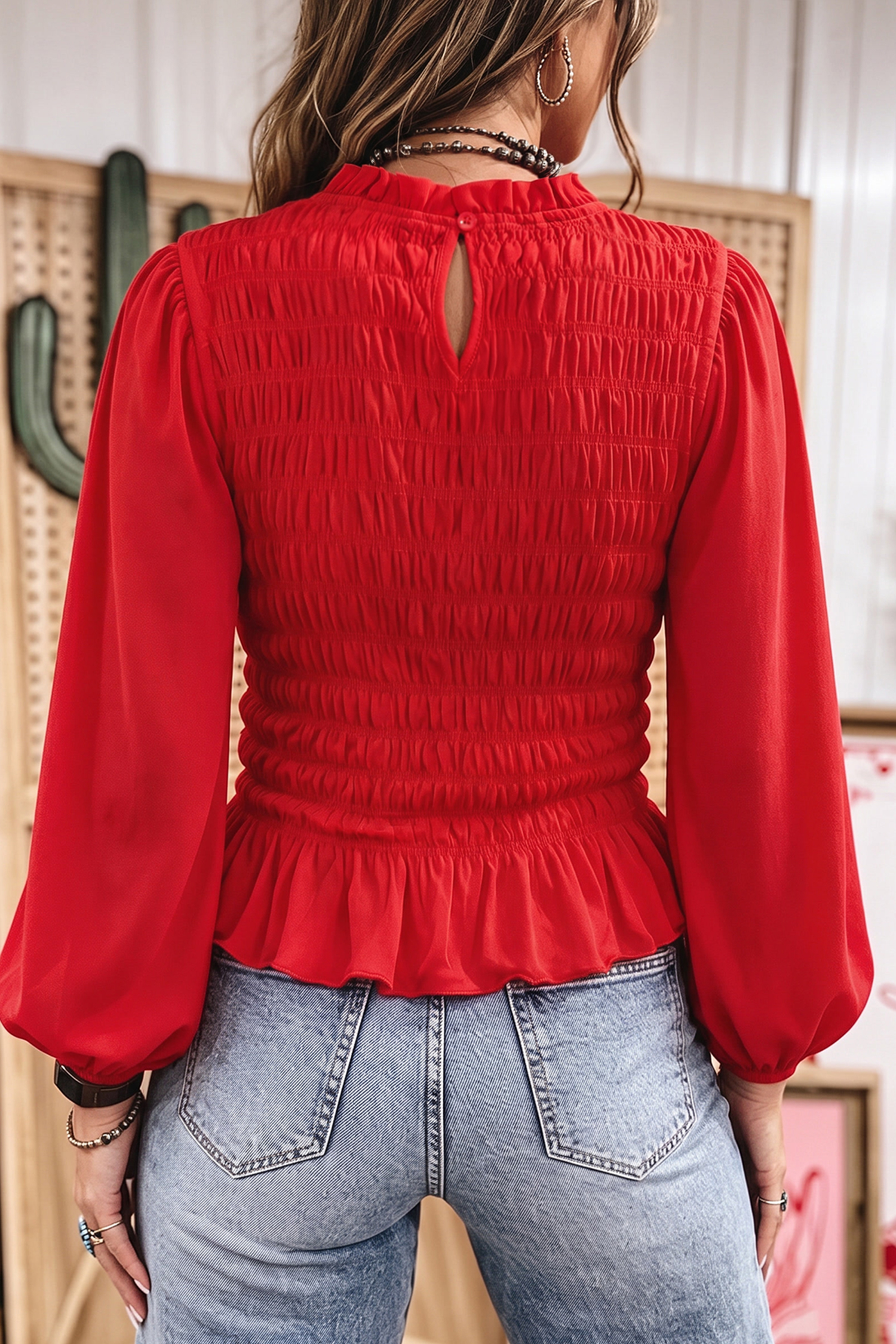 Solid Red Smocked Blouse, Casual Mock Neck Ruffle Top - Detail View 2 Solid Red Smocked Blouse, Casual Mock Neck Ruffle Top - Detail View 2