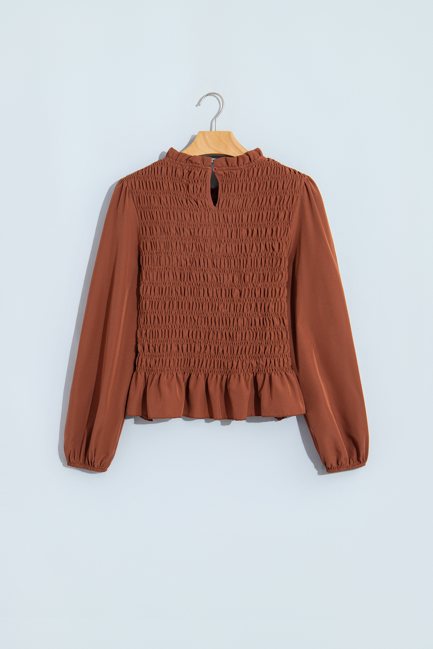 Women's Long Sleeve Smocked Top, Soft Coffee Blouse - Detail View 3 Women's Long Sleeve Smocked Top, Soft Coffee Blouse - Detail View 3