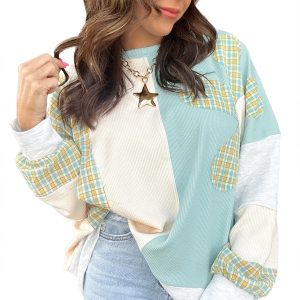 Women's Plaid Patchwork Top, Casual Long Sleeve Colorblock - Main View