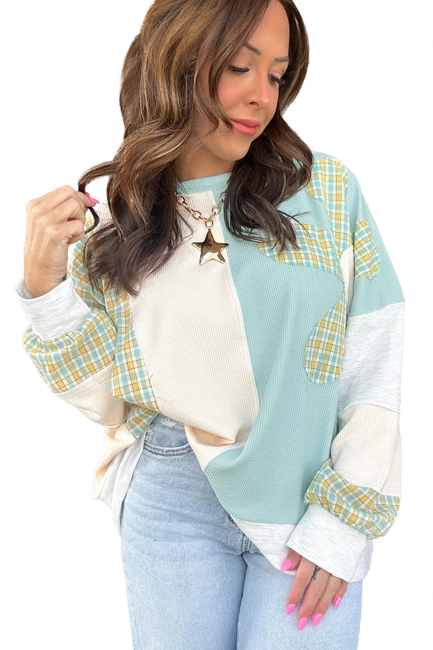 Women's Plaid Patchwork Top, Casual Long Sleeve Colorblock - Main View Women's Plaid Patchwork Top, Casual Long Sleeve Colorblock - Main View