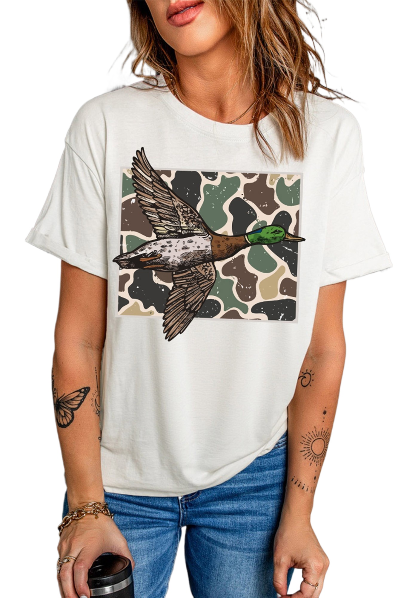 Women's Mallard Duck T-Shirt, Western Camo Graphic Tee - Main View Women's Mallard Duck T-Shirt, Western Camo Graphic Tee - Main View