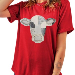 Women's Western Cow Graphic Tee, Casual Red Short Sleeve Top - Main View