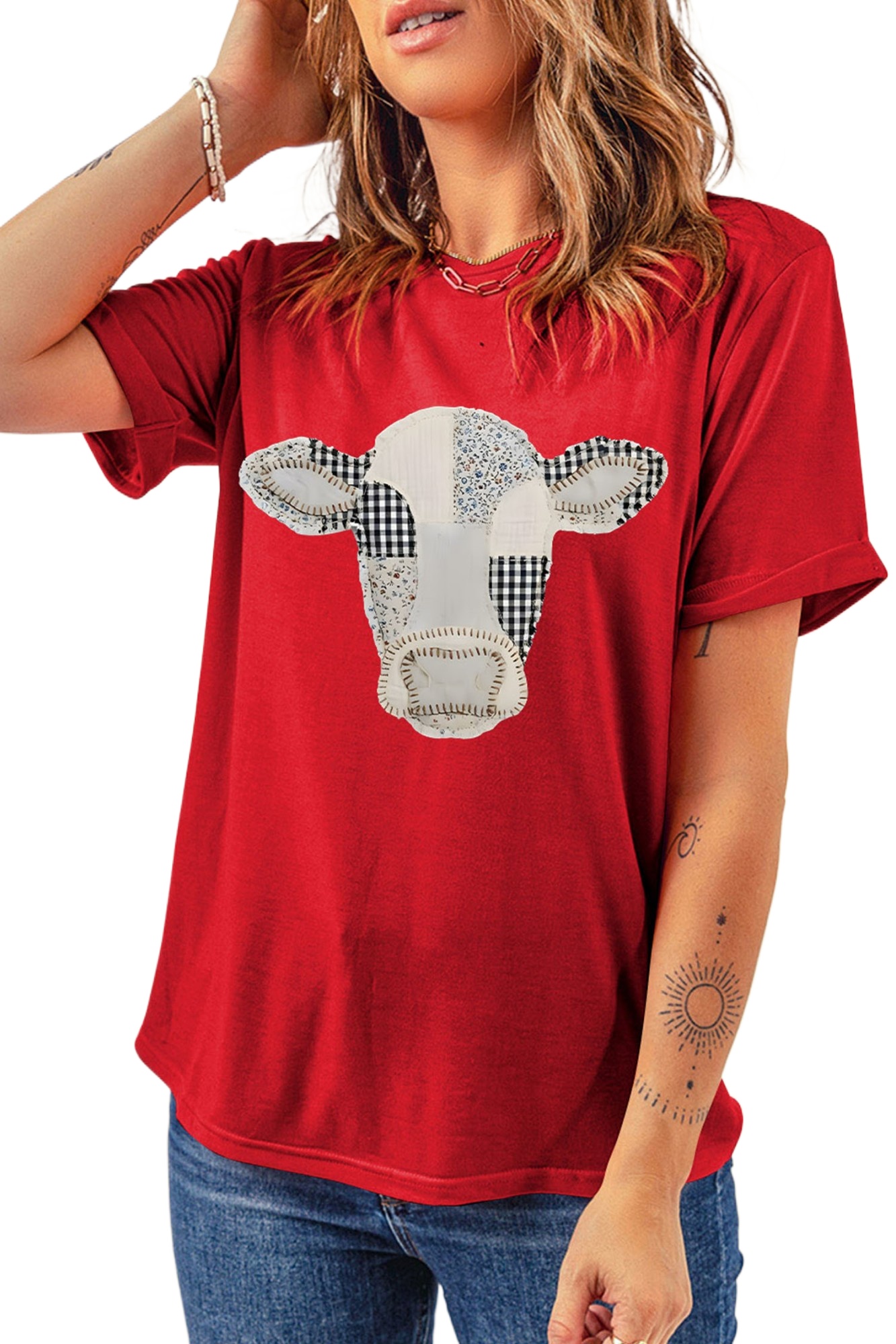 Women's Western Cow Graphic Tee, Casual Red Short Sleeve Top - Main View Women's Western Cow Graphic Tee, Casual Red Short Sleeve Top - Main View