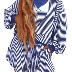 Women's Striped Lounge Set, Casual Long Sleeve Shorts - Main View