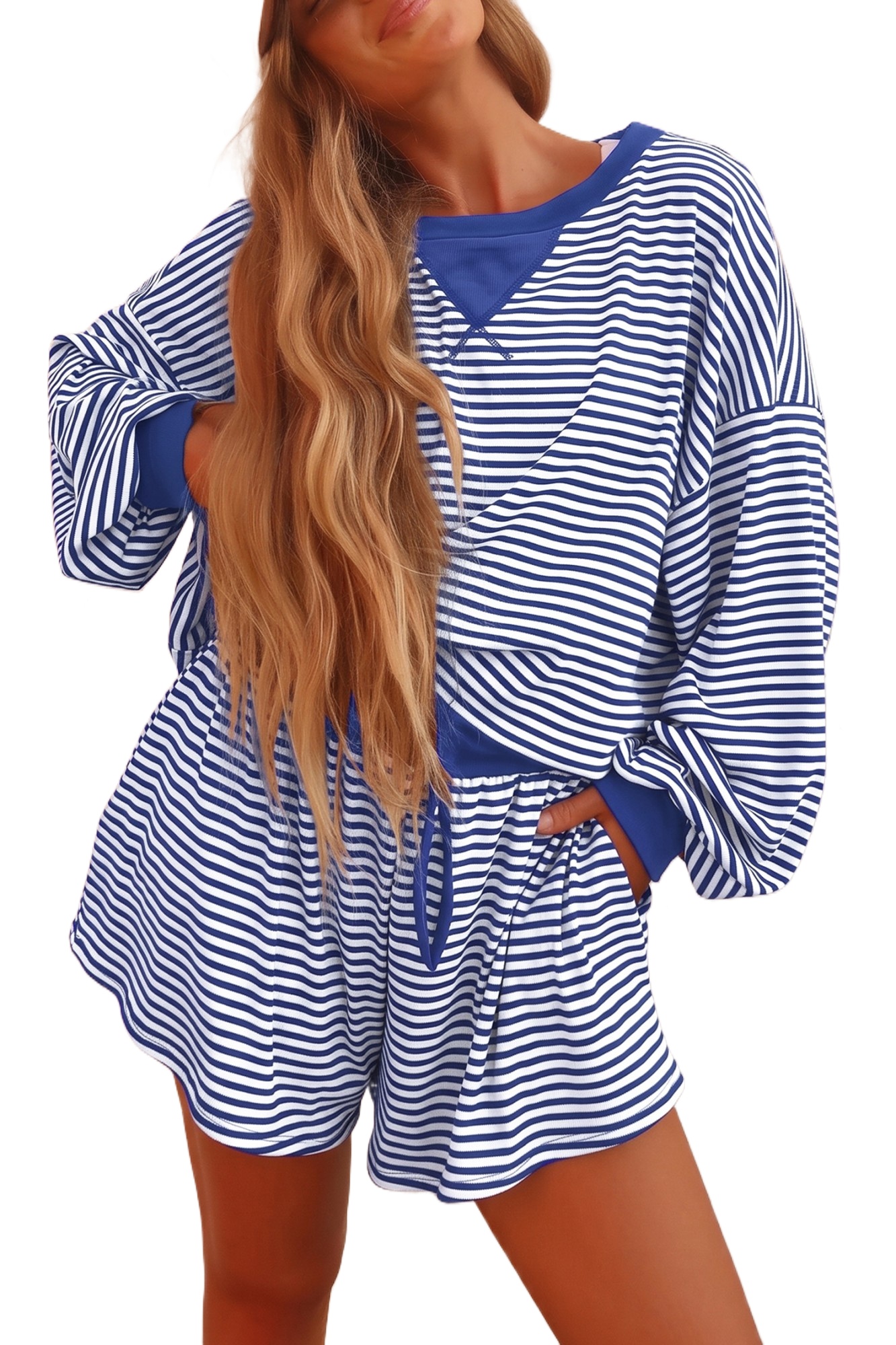 Women's Striped Lounge Set, Casual Long Sleeve Shorts - Main View Women's Striped Lounge Set, Casual Long Sleeve Shorts - Main View