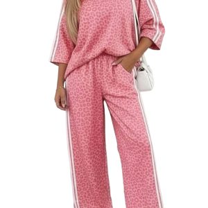 Women's Leopard Pants Set, Casual Pink Loungewear - Main View