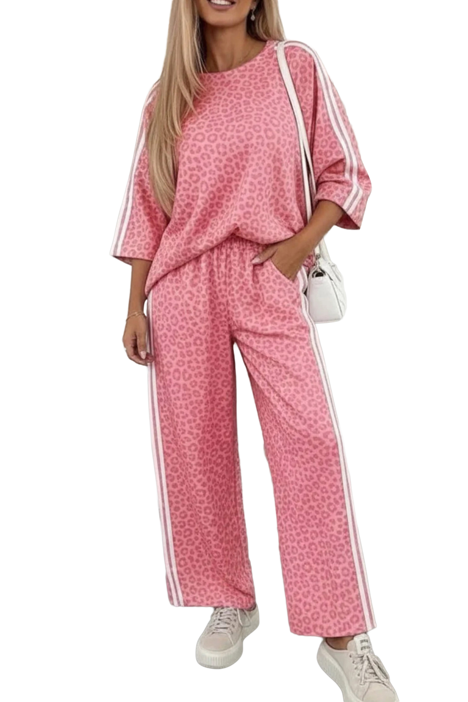 Women's Leopard Pants Set, Casual Pink Loungewear - Main View Women's Leopard Pants Set, Casual Pink Loungewear - Main View