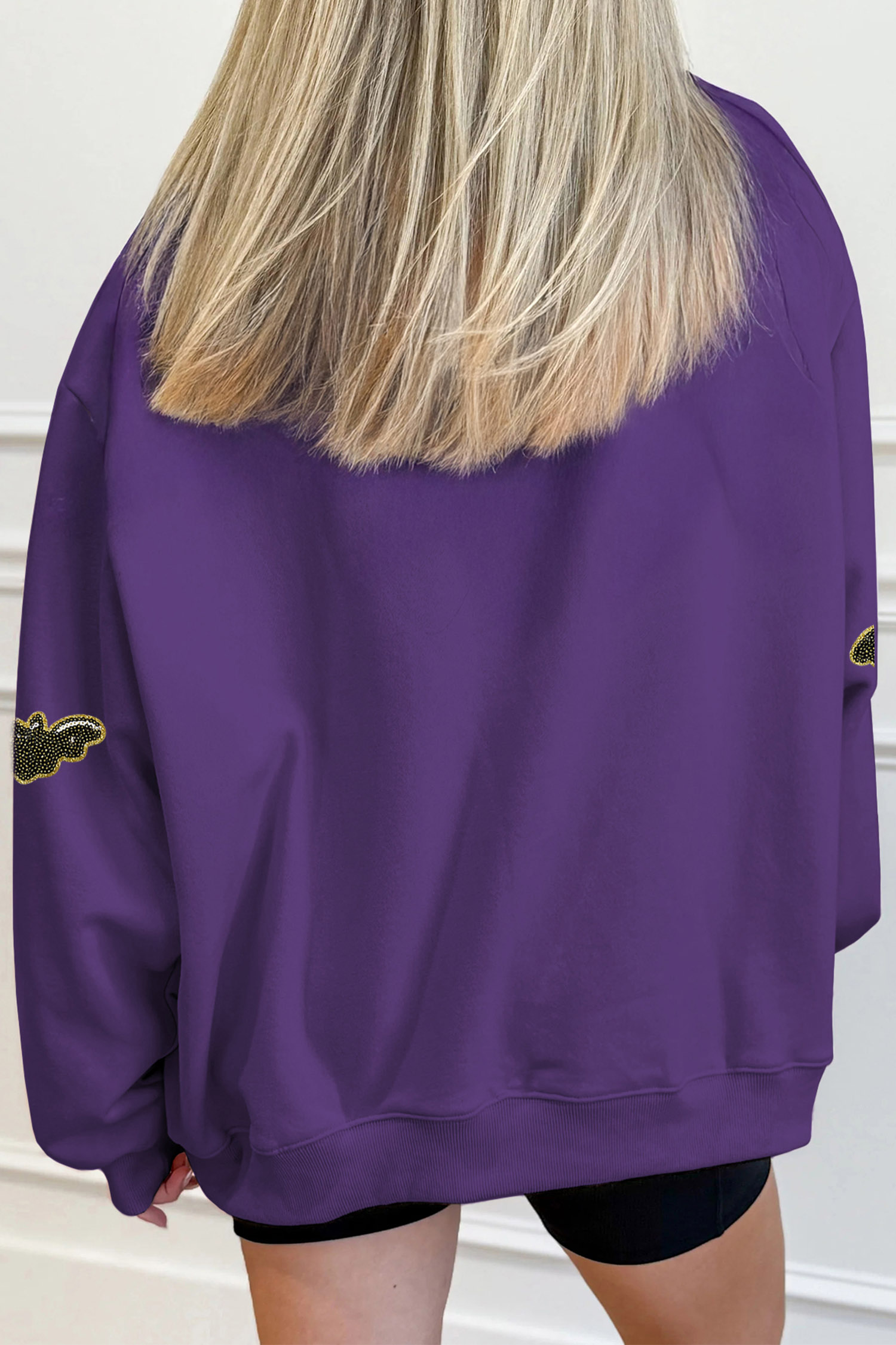 Halloween Bat Print Sweatshirt, Mock Neck Long Sleeve Pullover - Detail View 2 Halloween Bat Print Sweatshirt, Mock Neck Long Sleeve Pullover - Detail View 2