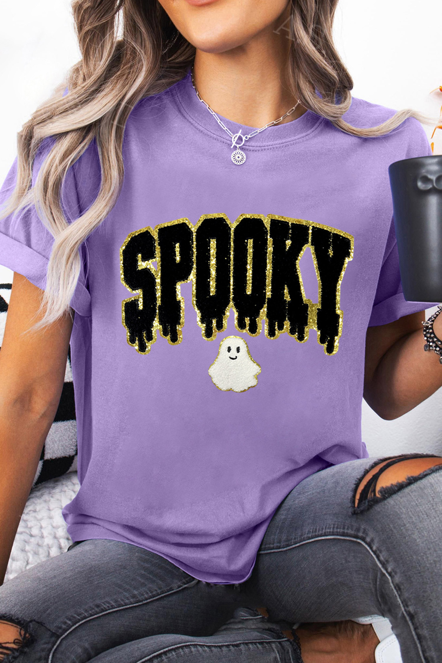 Comfortable Spooky Ghost Tee, Soft Cotton Blend Summer Shirt - Detail View 6 Comfortable Spooky Ghost Tee, Soft Cotton Blend Summer Shirt - Detail View 6