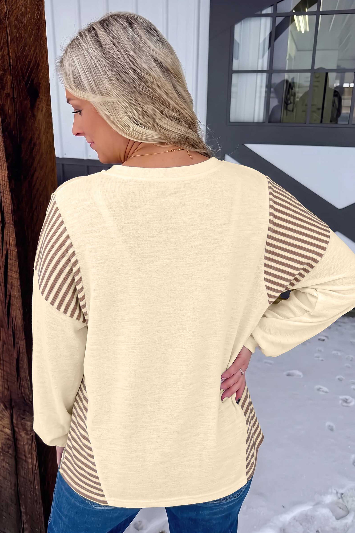 Women's Cowgirl Print Striped Top, Western Fall Fashion Tee - Detail View 2 Women's Cowgirl Print Striped Top, Western Fall Fashion Tee - Detail View 2
