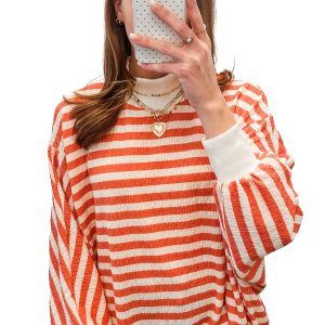 Oversized Striped Women's Top, Casual Mock Neck Pullover - Main View