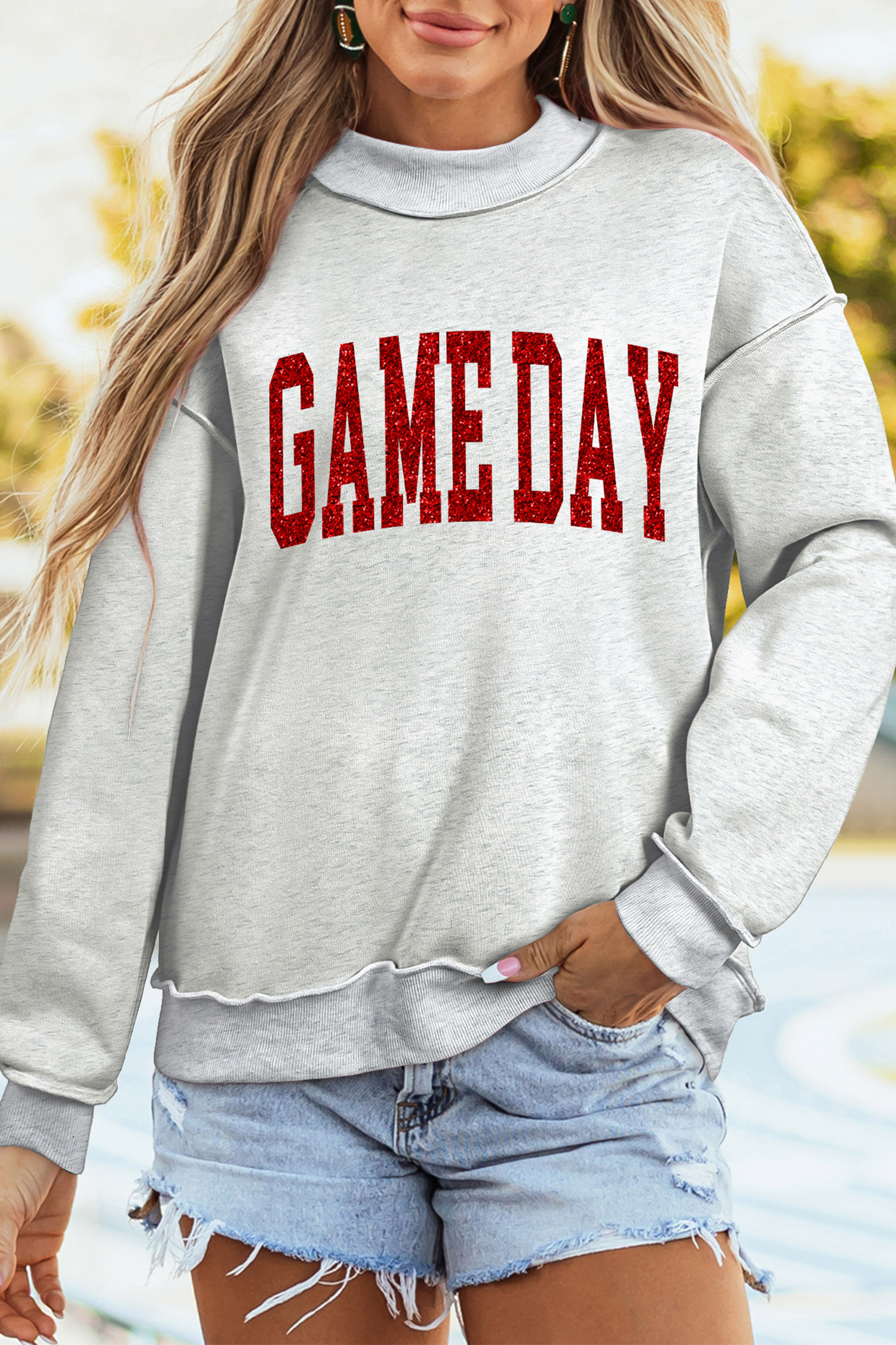 Glitter Letter Graphic Pullover, Women's Mock Neck Top - Detail View 8 Glitter Letter Graphic Pullover, Women's Mock Neck Top - Detail View 8