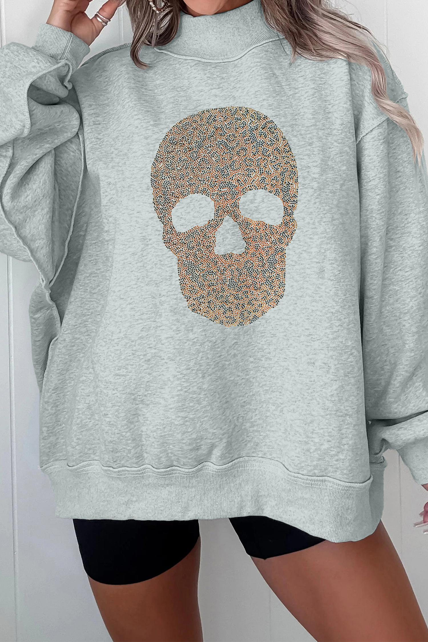 Women's Rhinestone Skull Sweatshirt, Halloween Graphic - Detail View 5 Women's Rhinestone Skull Sweatshirt, Halloween Graphic - Detail View 5