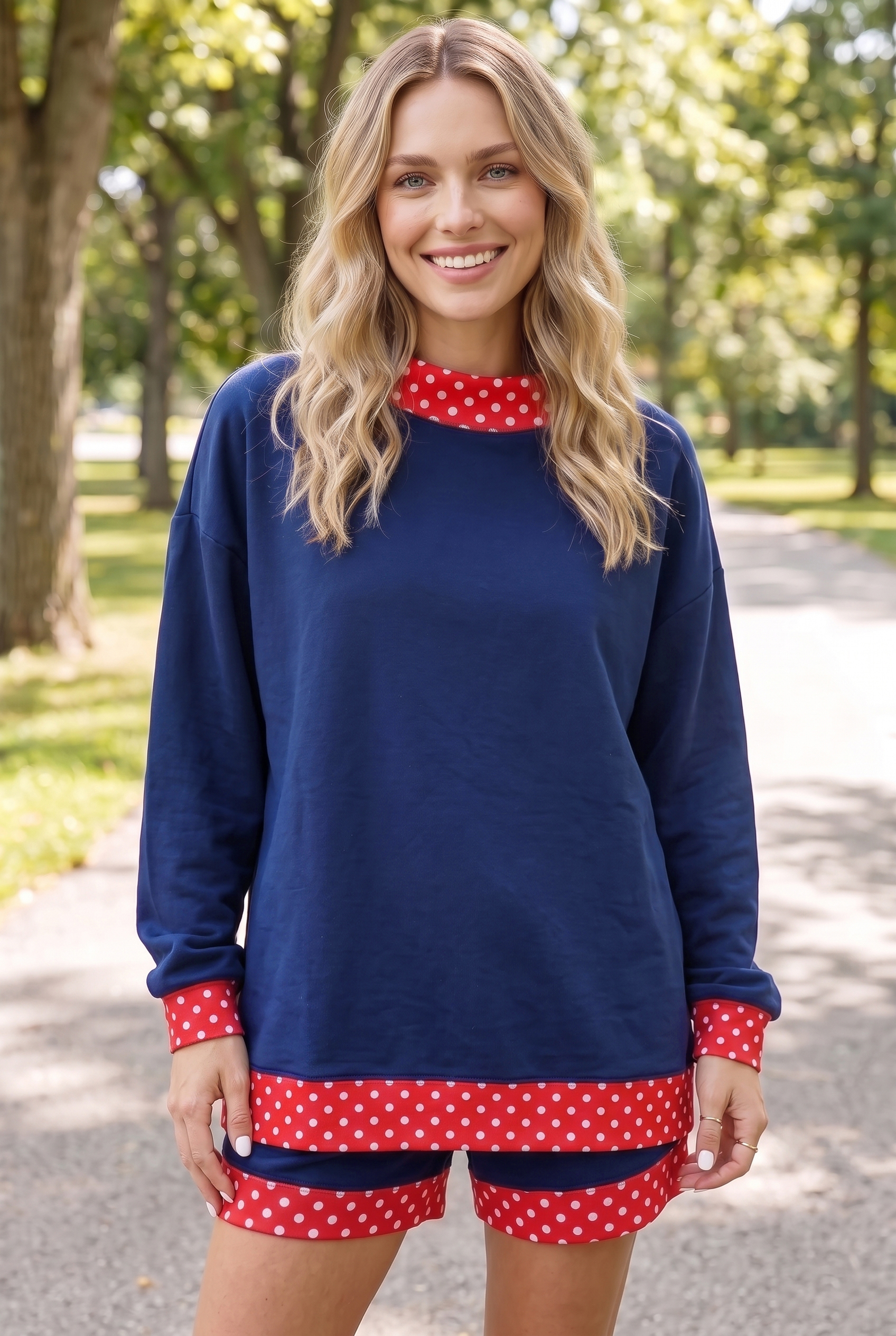 Polka Dot Trim 2 Piece Short Set, Women's Navy Loungewear - Detail View 5 Polka Dot Trim 2 Piece Short Set, Women's Navy Loungewear - Detail View 5