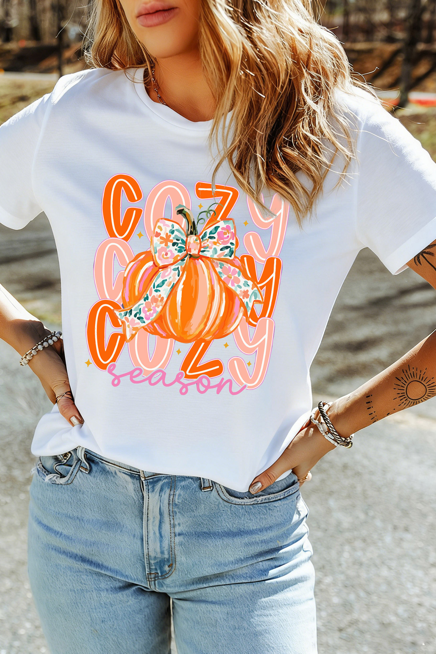 Soft Cotton Blend Pumpkin Tee, Comfort Women Round Neck Top - Detail View 6 Soft Cotton Blend Pumpkin Tee, Comfort Women Round Neck Top - Detail View 6
