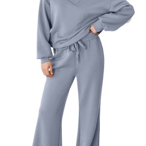 Women's Athleisure Set, Dusk Blue Cowl Neck Lounge Outfit - Main View