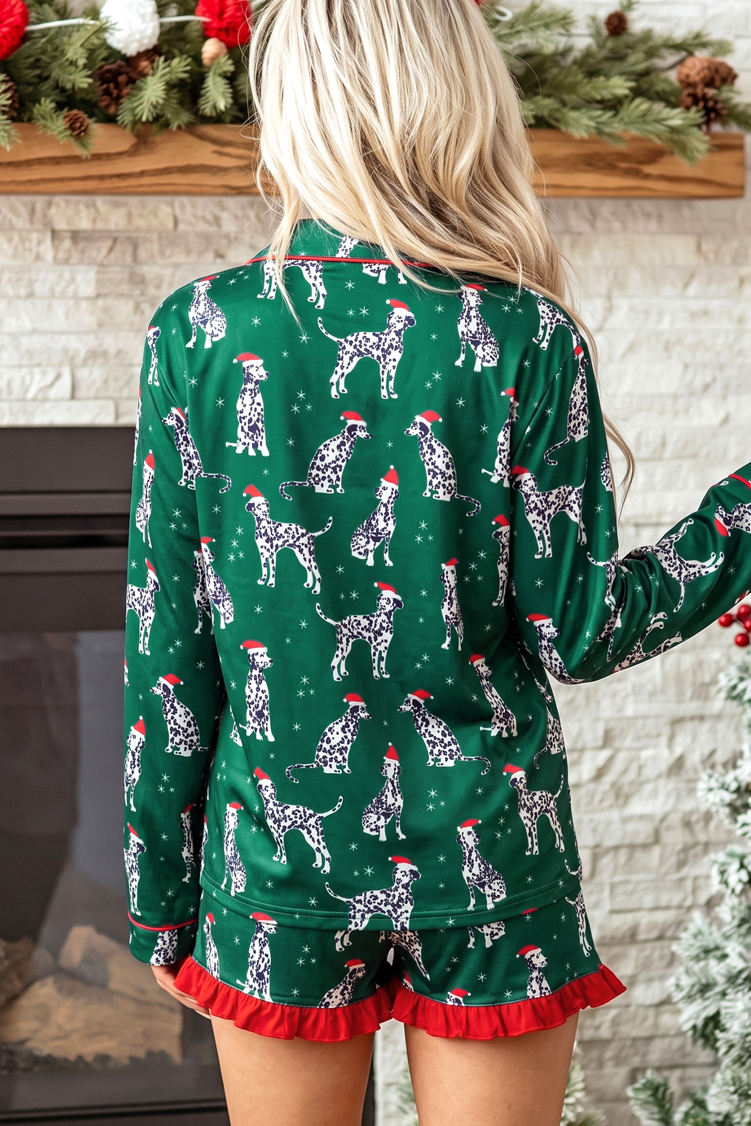 Holiday Dog Print Pajamas, Women's Long Sleeve Short Set - Detail View 2 Holiday Dog Print Pajamas, Women's Long Sleeve Short Set - Detail View 2
