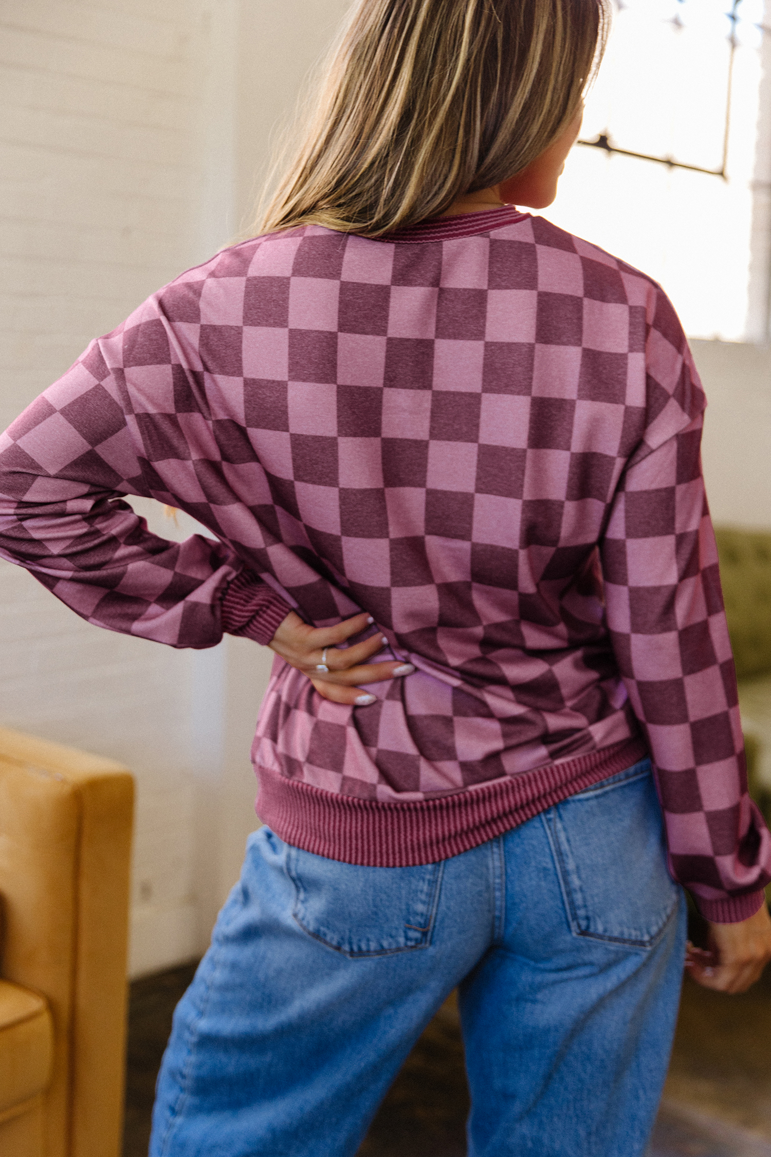 Women's Plaid Long Sleeve Top, Red Checkered Crewneck - Detail View 2 Women's Plaid Long Sleeve Top, Red Checkered Crewneck - Detail View 2