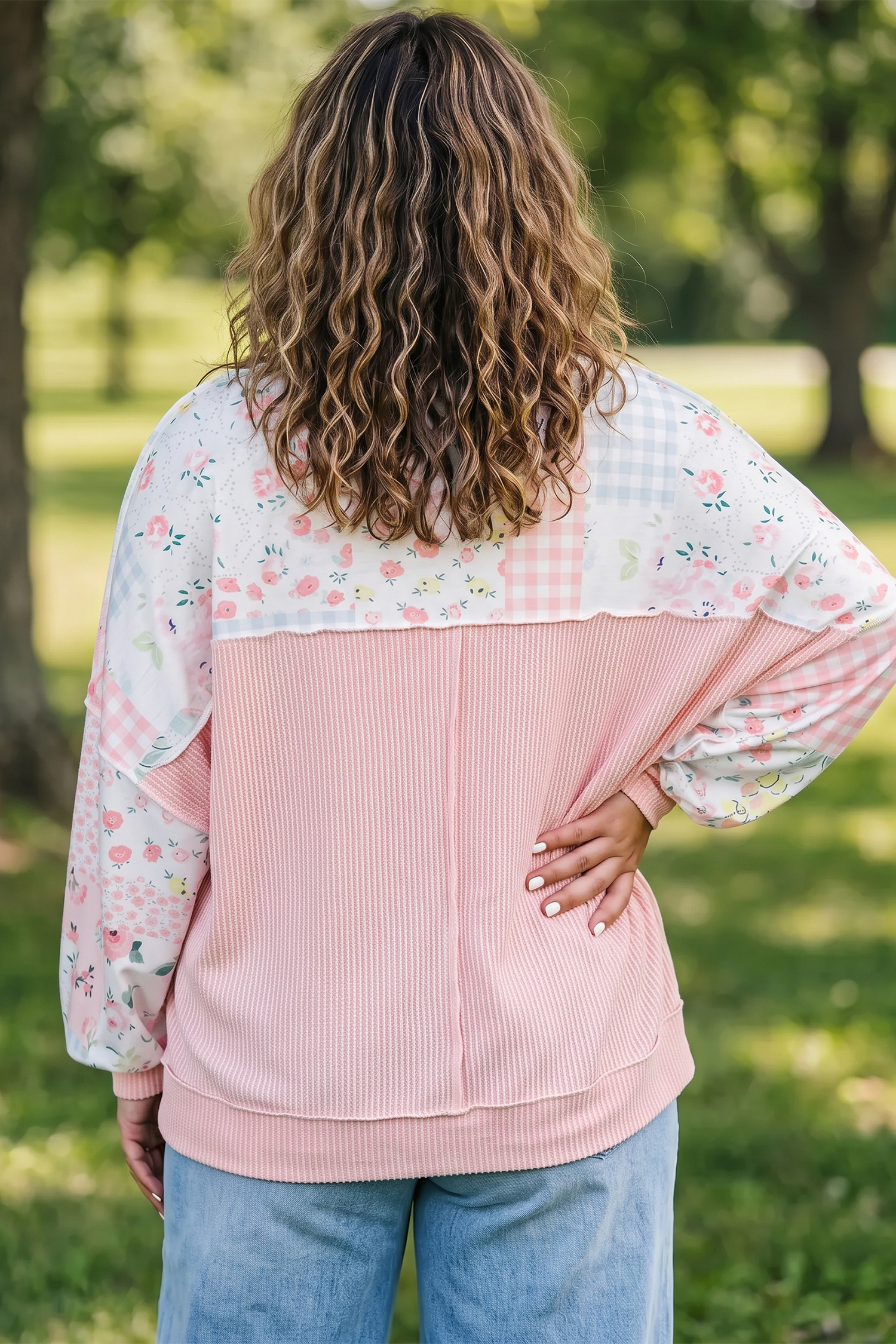 Womens Floral Print Sweatshirt, Trendy Patchwork Crewneck - Detail View 2 Womens Floral Print Sweatshirt, Trendy Patchwork Crewneck - Detail View 2
