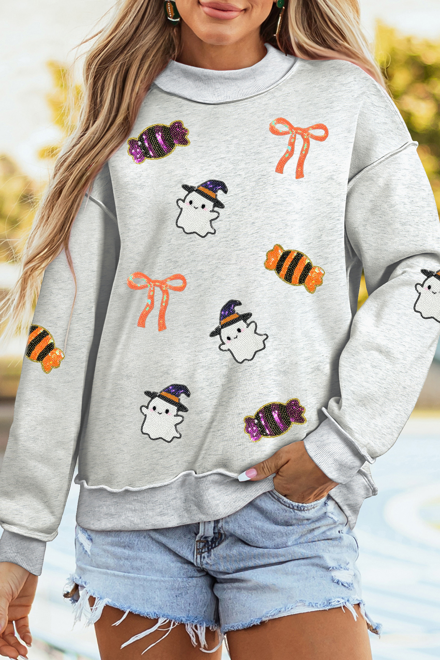Sequin Ghost Graphic Sweatshirt, Festive Fall Long Sleeve Top - Detail View 3 Sequin Ghost Graphic Sweatshirt, Festive Fall Long Sleeve Top - Detail View 3