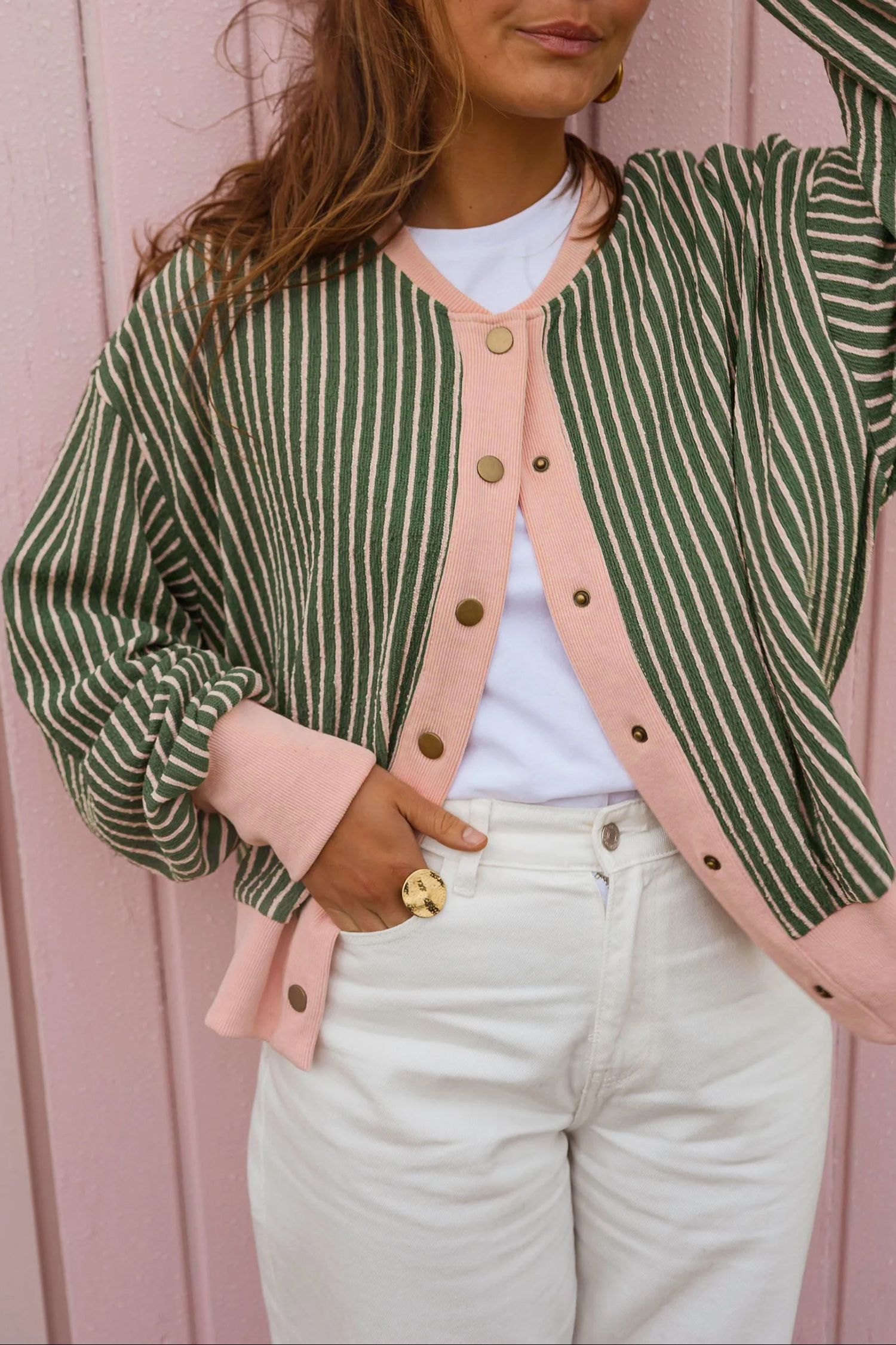 Green Striped Long Sleeve Cardigan, Stylish Colorblock Jacket - Detail View 2 Green Striped Long Sleeve Cardigan, Stylish Colorblock Jacket - Detail View 2