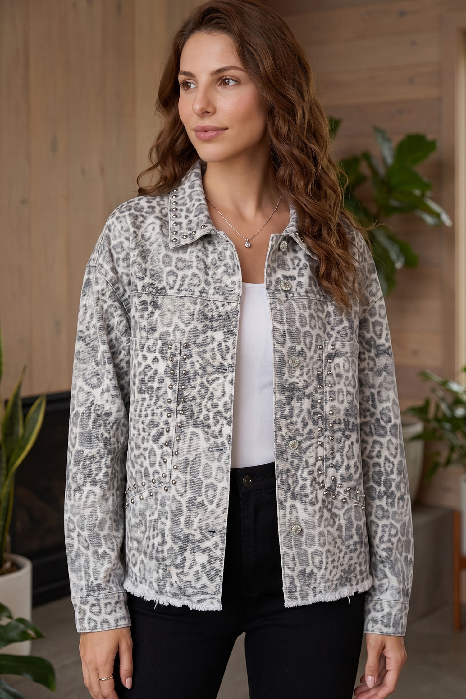 Cotton Leopard Denim Jacket, Women's Studded Collar Top - Detail View 3 Cotton Leopard Denim Jacket, Women's Studded Collar Top - Detail View 3