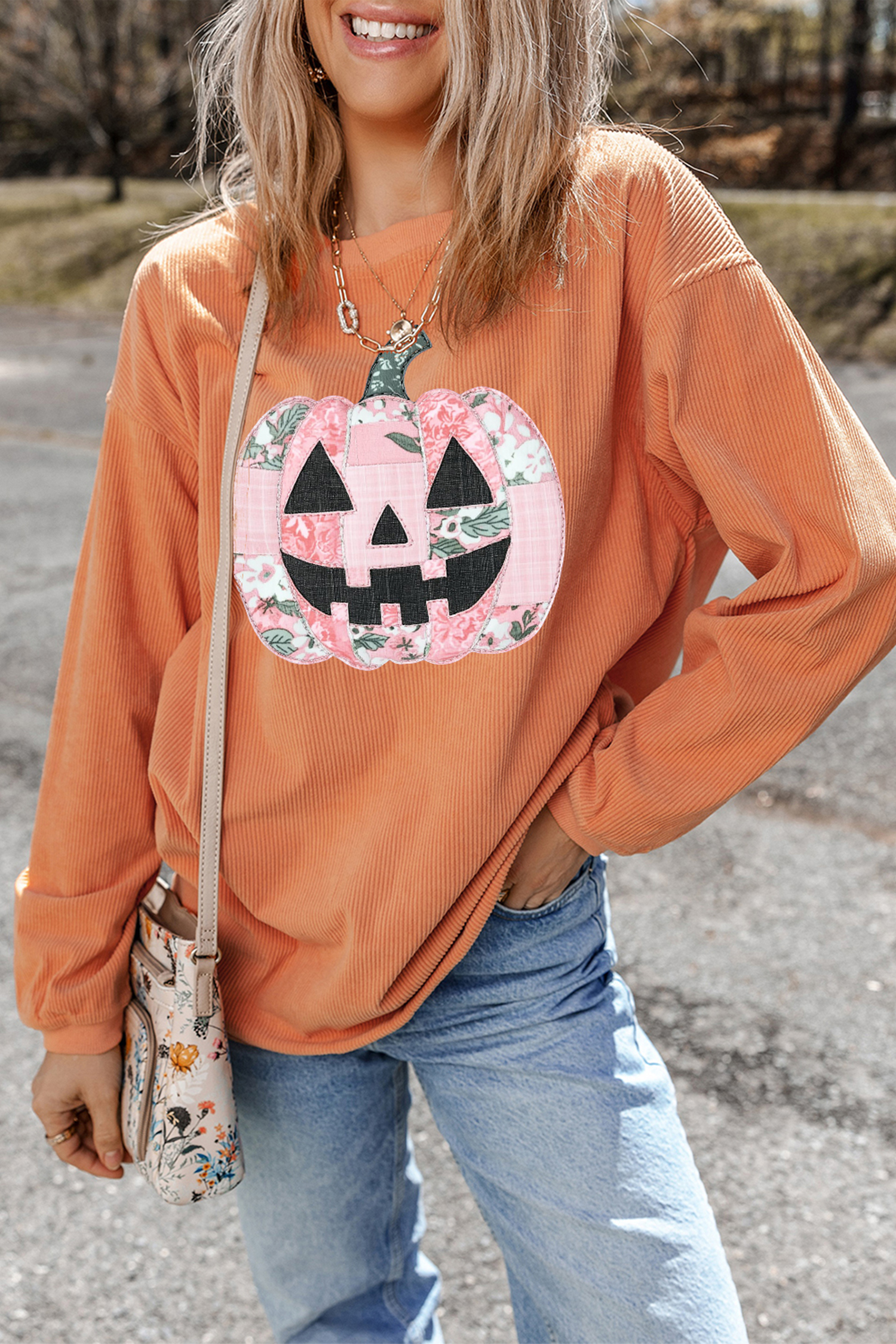 Women's Corded Ribbed Sweatshirt, Cozy Pumpkin Pullover - Detail View 6 Women's Corded Ribbed Sweatshirt, Cozy Pumpkin Pullover - Detail View 6
