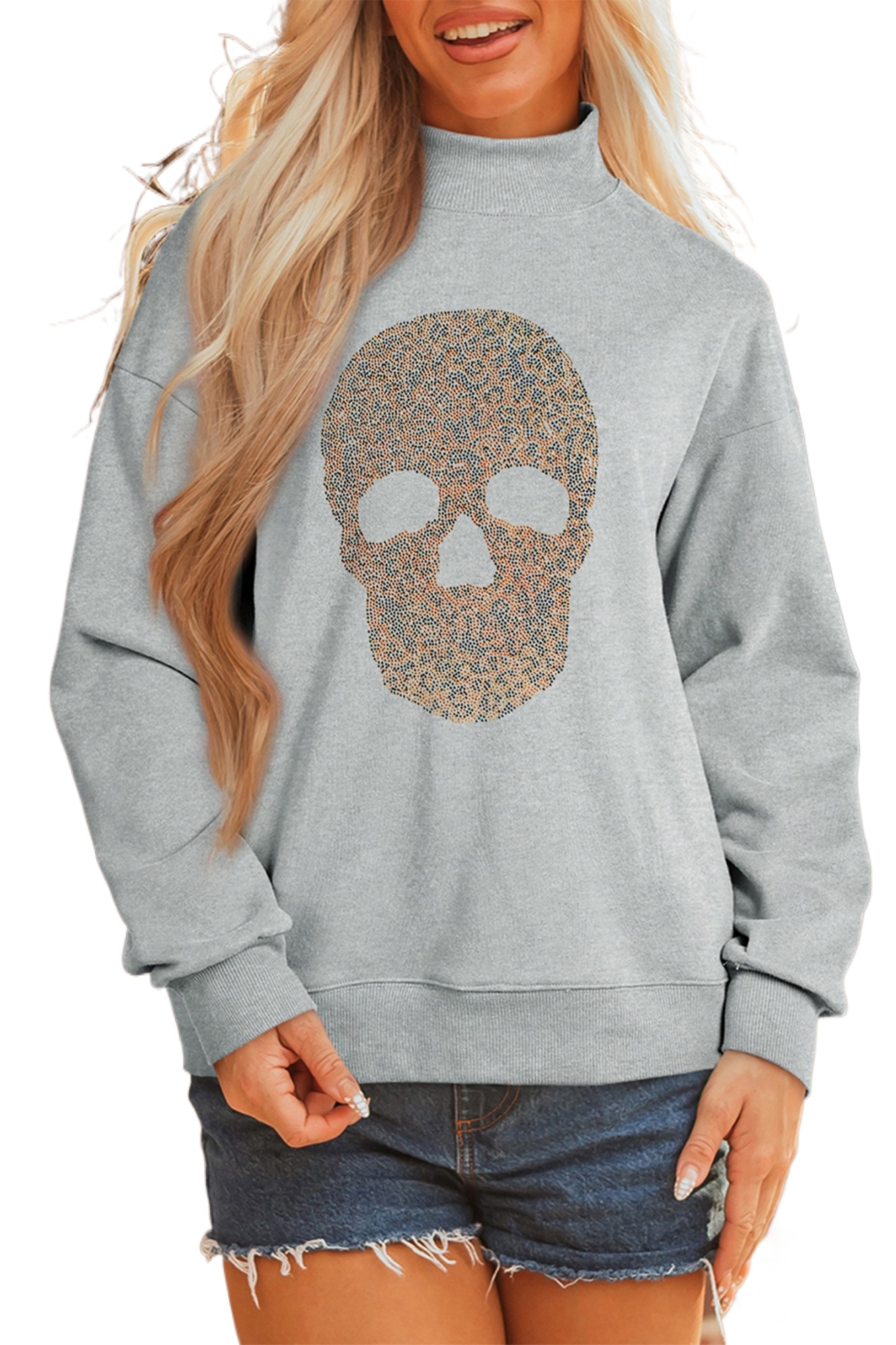 Women's Skull Sweatshirt, Casual Mock Neck Pullover - Main View Women's Skull Sweatshirt, Casual Mock Neck Pullover - Main View