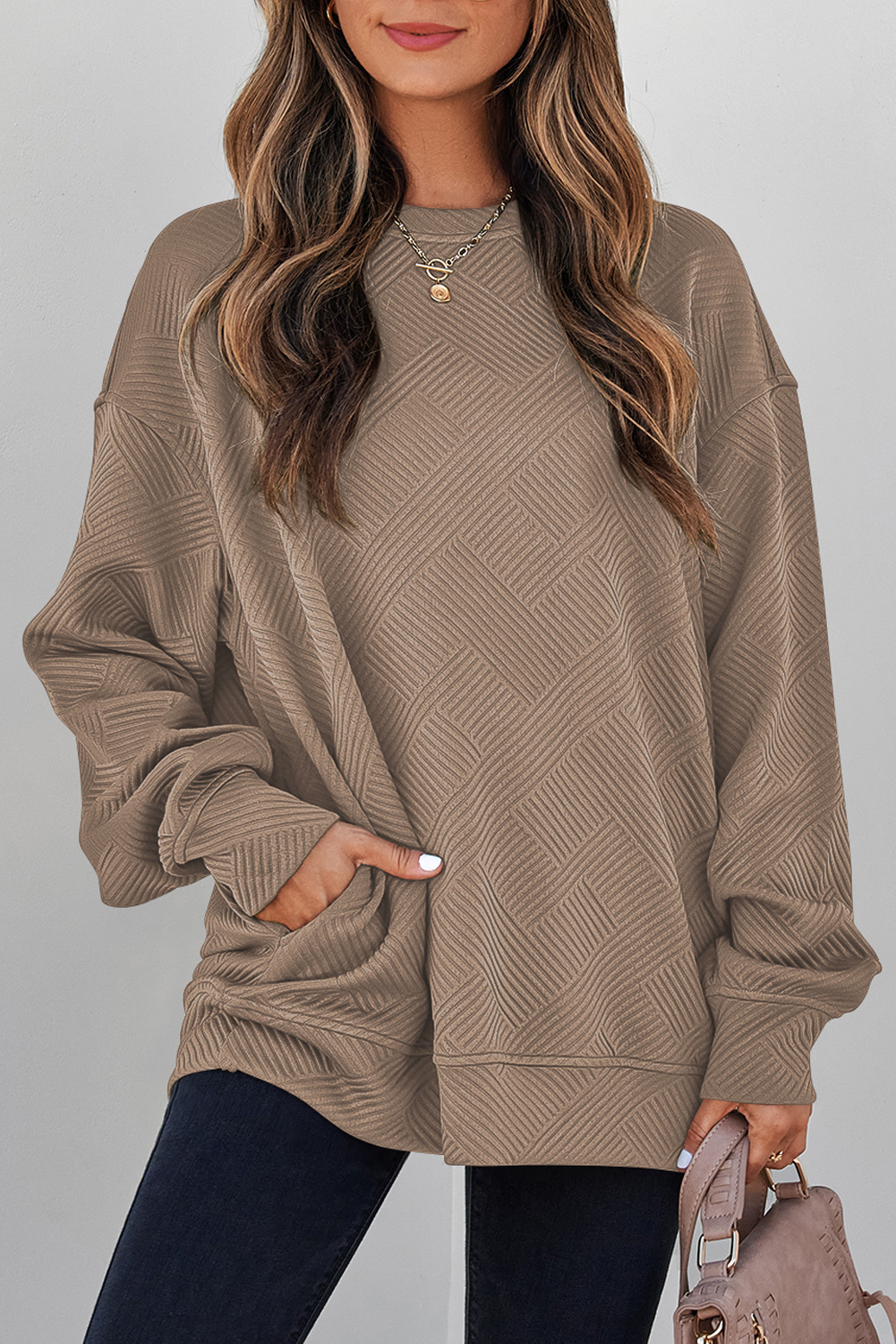 Women's Textured Pullover Sweatshirt, Casual Khaki Top - Detail View 7 Women's Textured Pullover Sweatshirt, Casual Khaki Top - Detail View 7