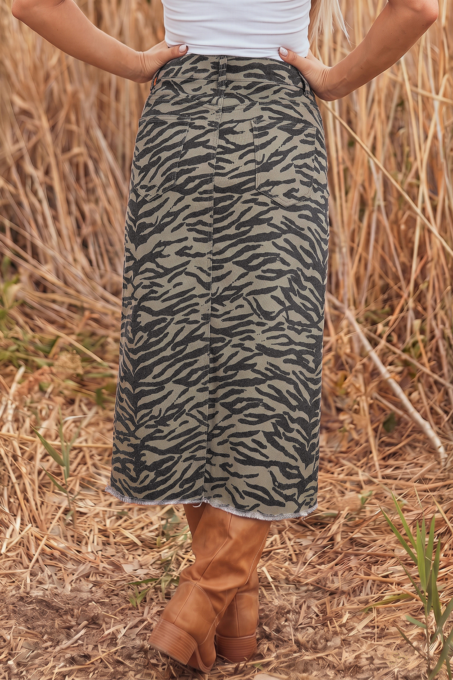 Women's Stretch Denim Skirt, Frayed Hem Midi Split Design - Detail View 3 Women's Stretch Denim Skirt, Frayed Hem Midi Split Design - Detail View 3