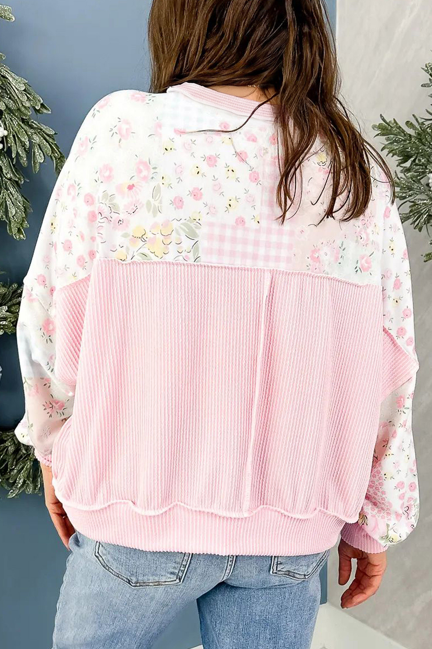 Pink Floral Long Sleeve Pullover, Women's Faith Slogan Top - Detail View 2 Pink Floral Long Sleeve Pullover, Women's Faith Slogan Top - Detail View 2