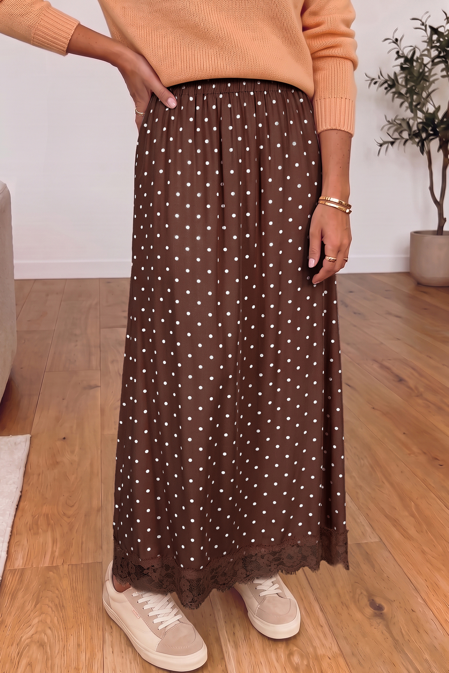 Viscose Polka Dot Women's Long Skirt, Soft Office Wear - Detail View 3 Viscose Polka Dot Women's Long Skirt, Soft Office Wear - Detail View 3