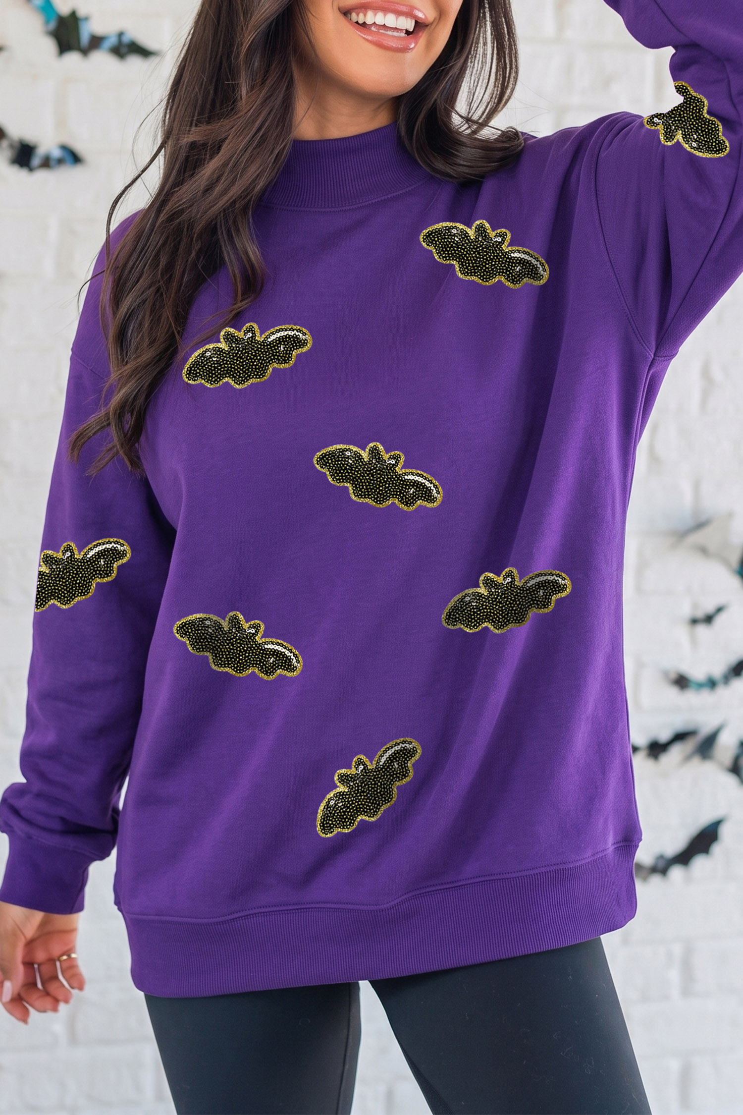 Halloween Bat Print Sweatshirt, Mock Neck Long Sleeve Pullover - Detail View 8 Halloween Bat Print Sweatshirt, Mock Neck Long Sleeve Pullover - Detail View 8