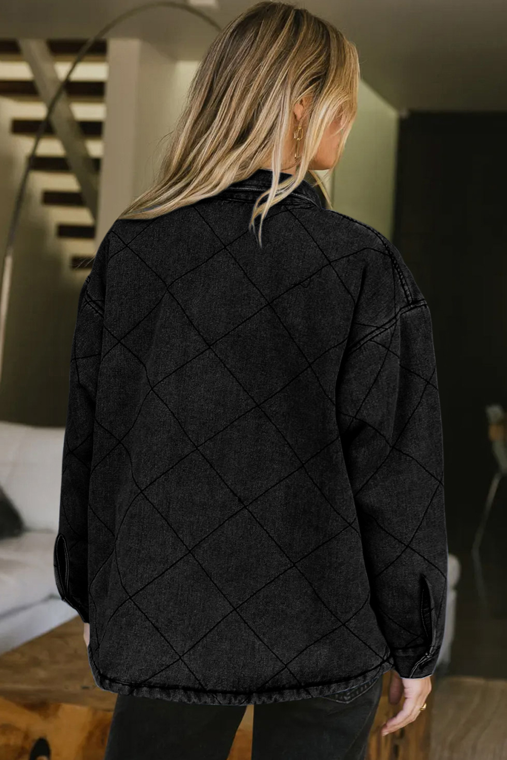 Rhombus Stitched Denim Jacket, Women's Trendy Shacket - Detail View 2 Rhombus Stitched Denim Jacket, Women's Trendy Shacket - Detail View 2