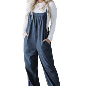 Teal Corduroy Jumpsuit, Women Casual Daily Overall - Main View