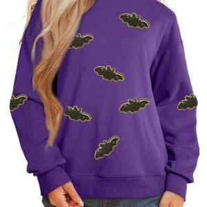 Women's Bat Graphic Sweatshirt, Purple Sequin Mock Neck Top - Main View