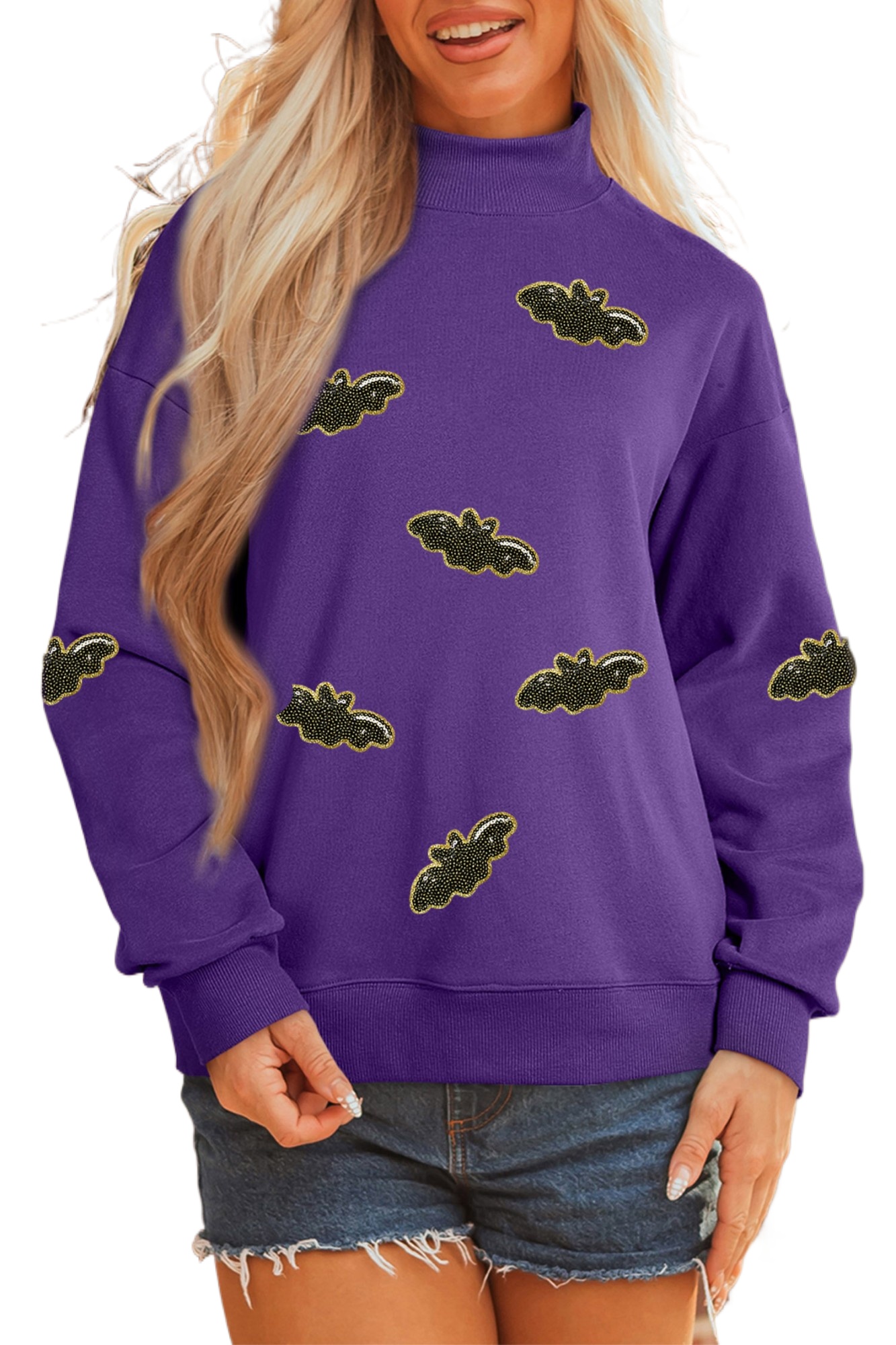Women's Bat Graphic Sweatshirt, Purple Sequin Mock Neck Top - Main View Women's Bat Graphic Sweatshirt, Purple Sequin Mock Neck Top - Main View