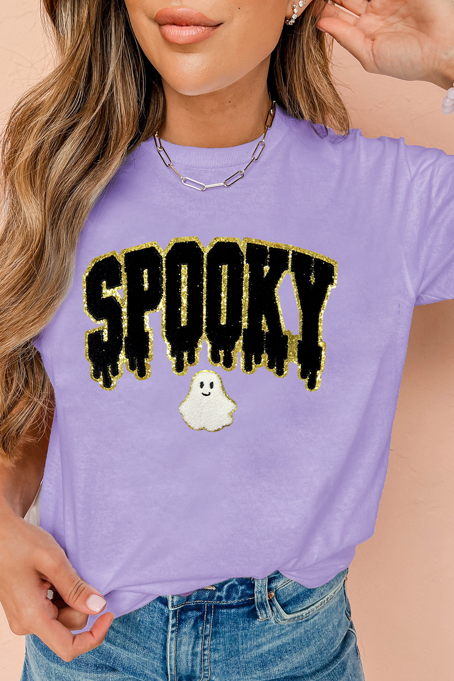 Spooky Ghost Graphic Tee, Trendy Wisteria Halloween Shirt - Detail View 5 Spooky Ghost Graphic Tee, Trendy Wisteria Halloween Shirt - Detail View 5