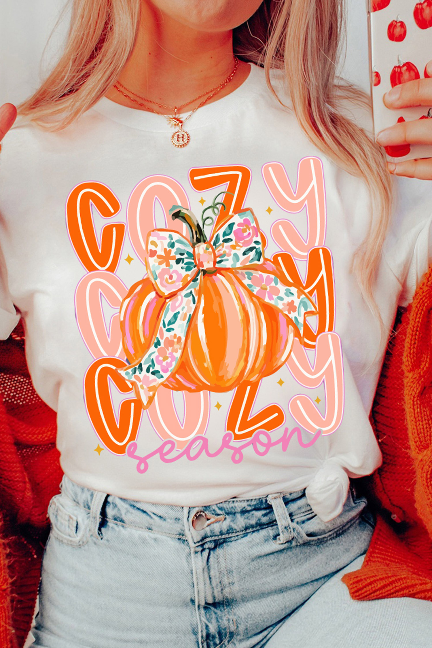 Cozy Season Pumpkin Tee, Trendy Women Graphic Round Neck - Detail View 2 Cozy Season Pumpkin Tee, Trendy Women Graphic Round Neck - Detail View 2