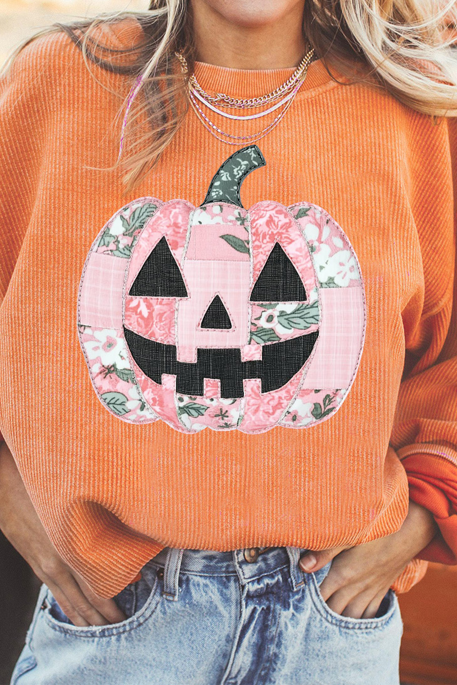 Women's Halloween Pumpkin Tunic, Patchwork Corded Top - Detail View 5 Women's Halloween Pumpkin Tunic, Patchwork Corded Top - Detail View 5