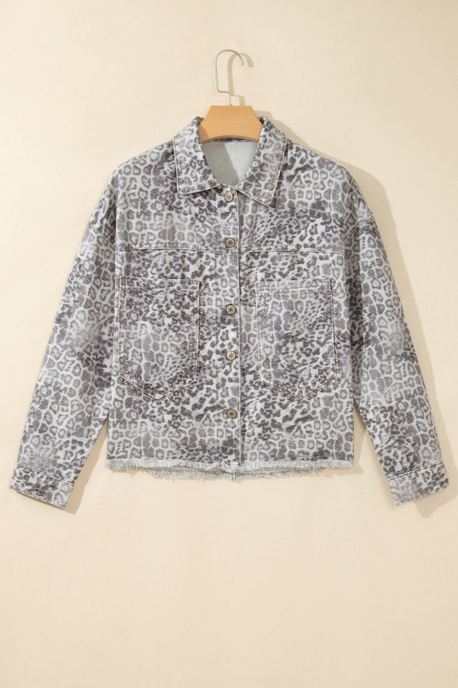 Women's Leopard Denim Jacket, Casual Studded Outerwear - Detail View 7 Women's Leopard Denim Jacket, Casual Studded Outerwear - Detail View 7