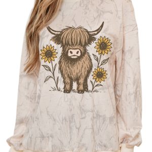 Women's Western Sweatshirt, Khaki Tie Dye Casual High Neck - Main View