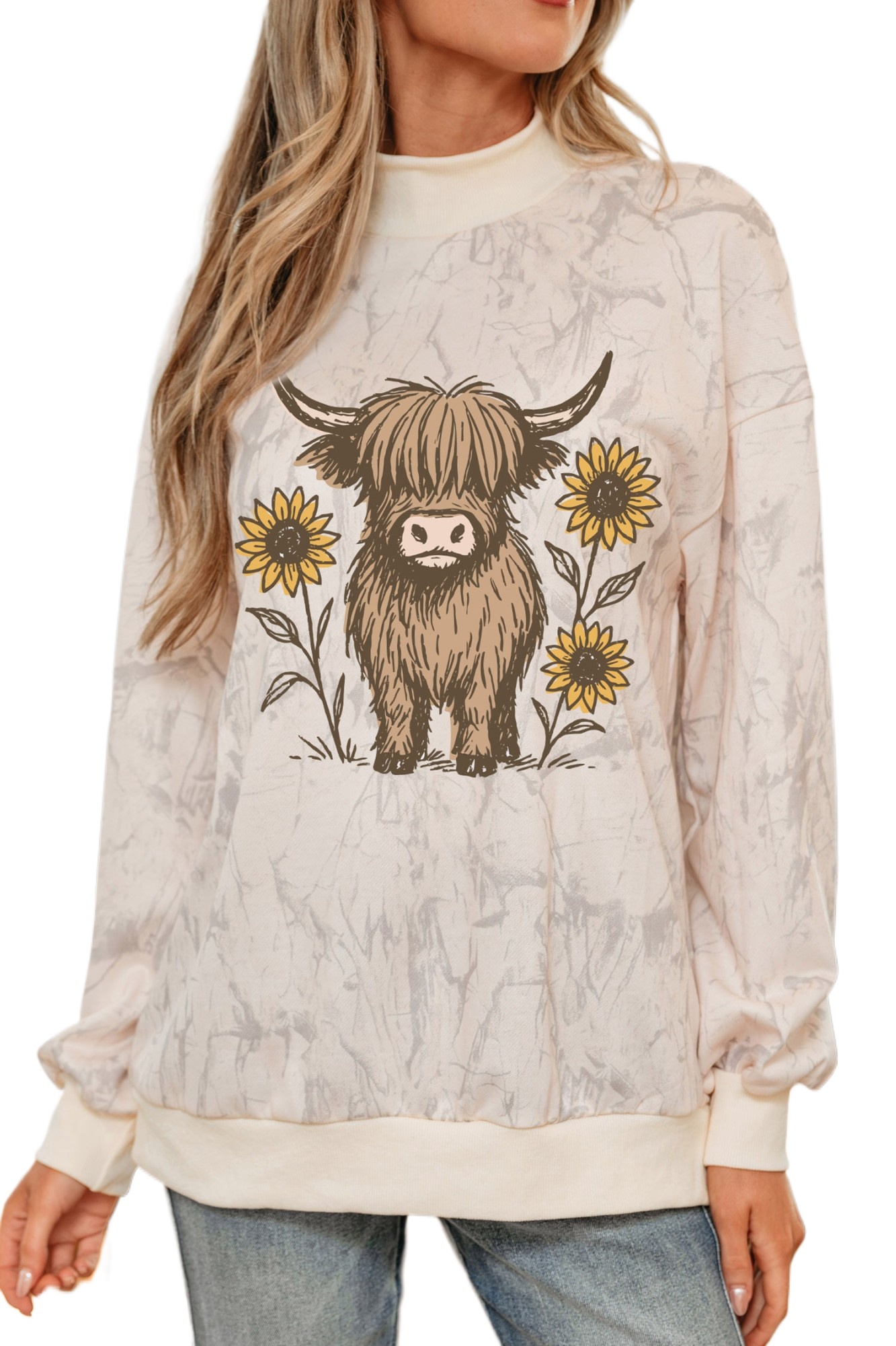 Women's Western Sweatshirt, Khaki Tie Dye Casual High Neck - Main View Women's Western Sweatshirt, Khaki Tie Dye Casual High Neck - Main View