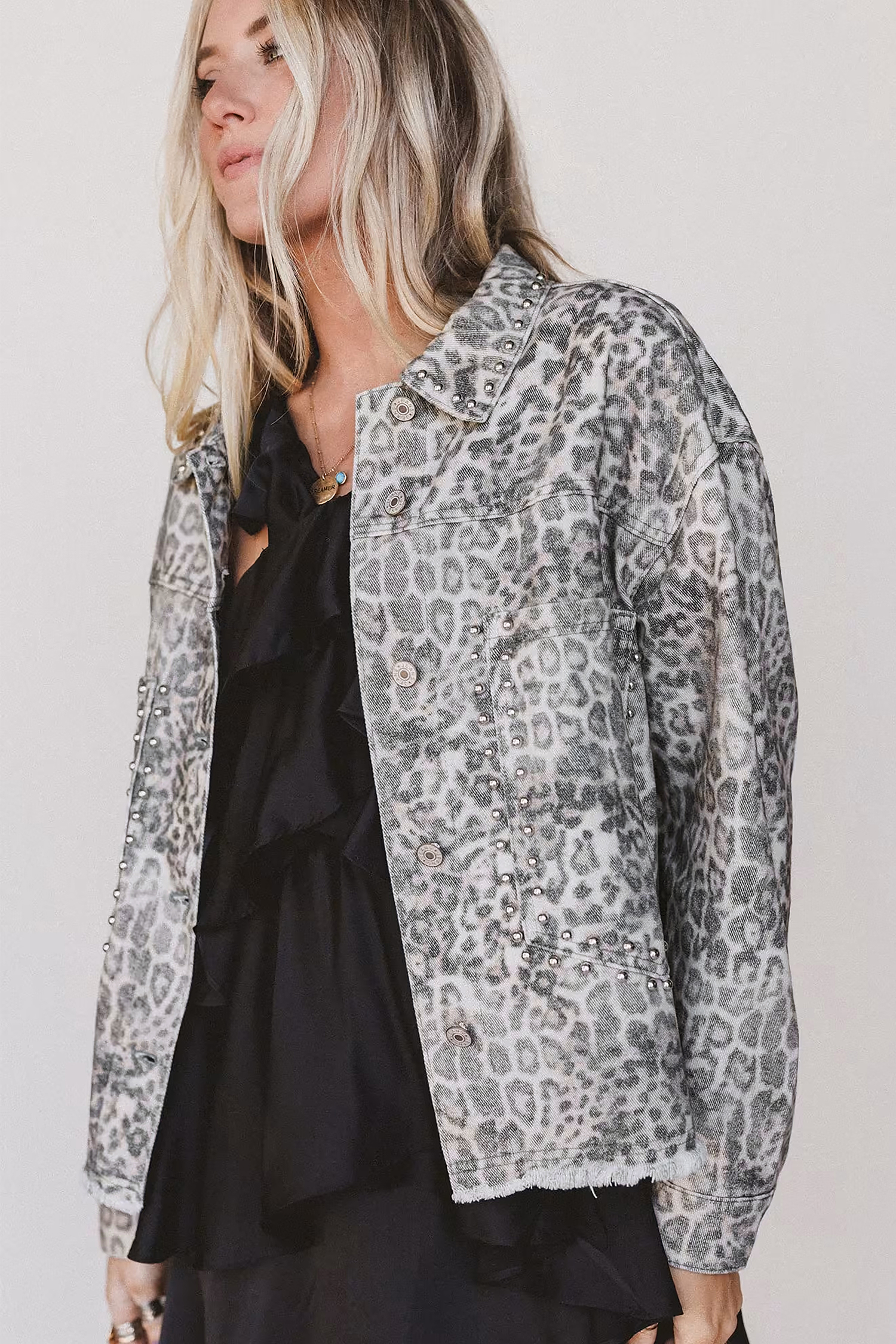 Cotton Leopard Denim Jacket, Women's Studded Collar Top - Detail View 6 Cotton Leopard Denim Jacket, Women's Studded Collar Top - Detail View 6