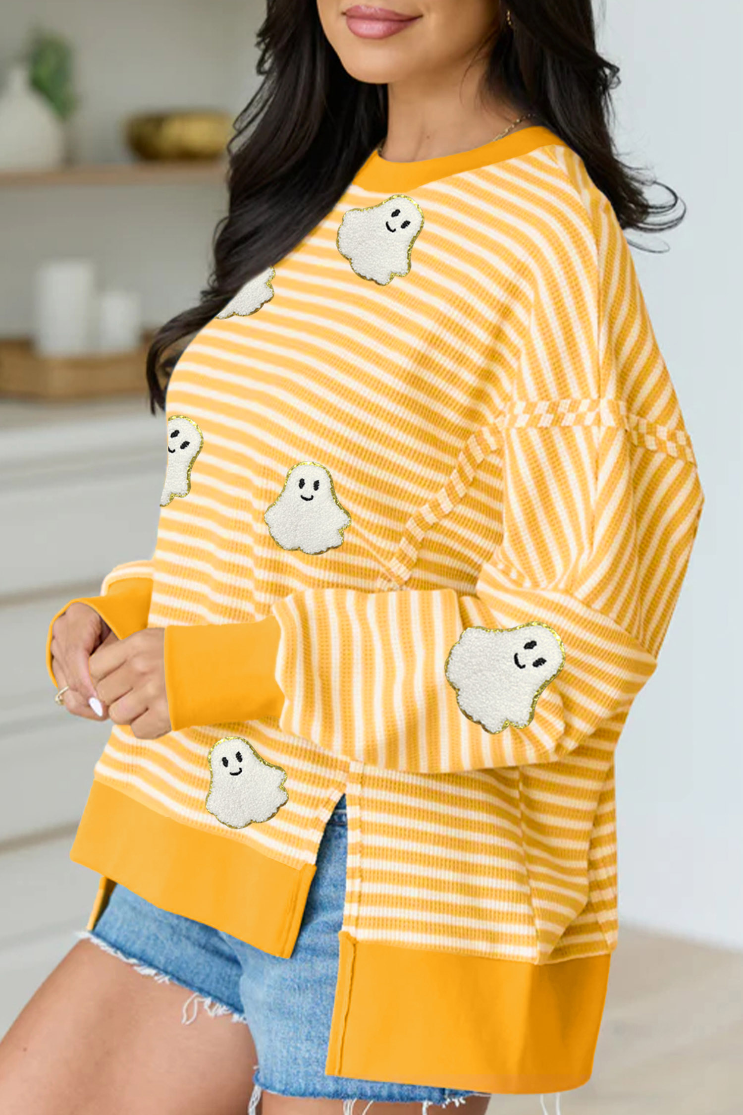 Women's Soft Stripe Pullover, Halloween Ghost Patch Top - Detail View 3 Women's Soft Stripe Pullover, Halloween Ghost Patch Top - Detail View 3