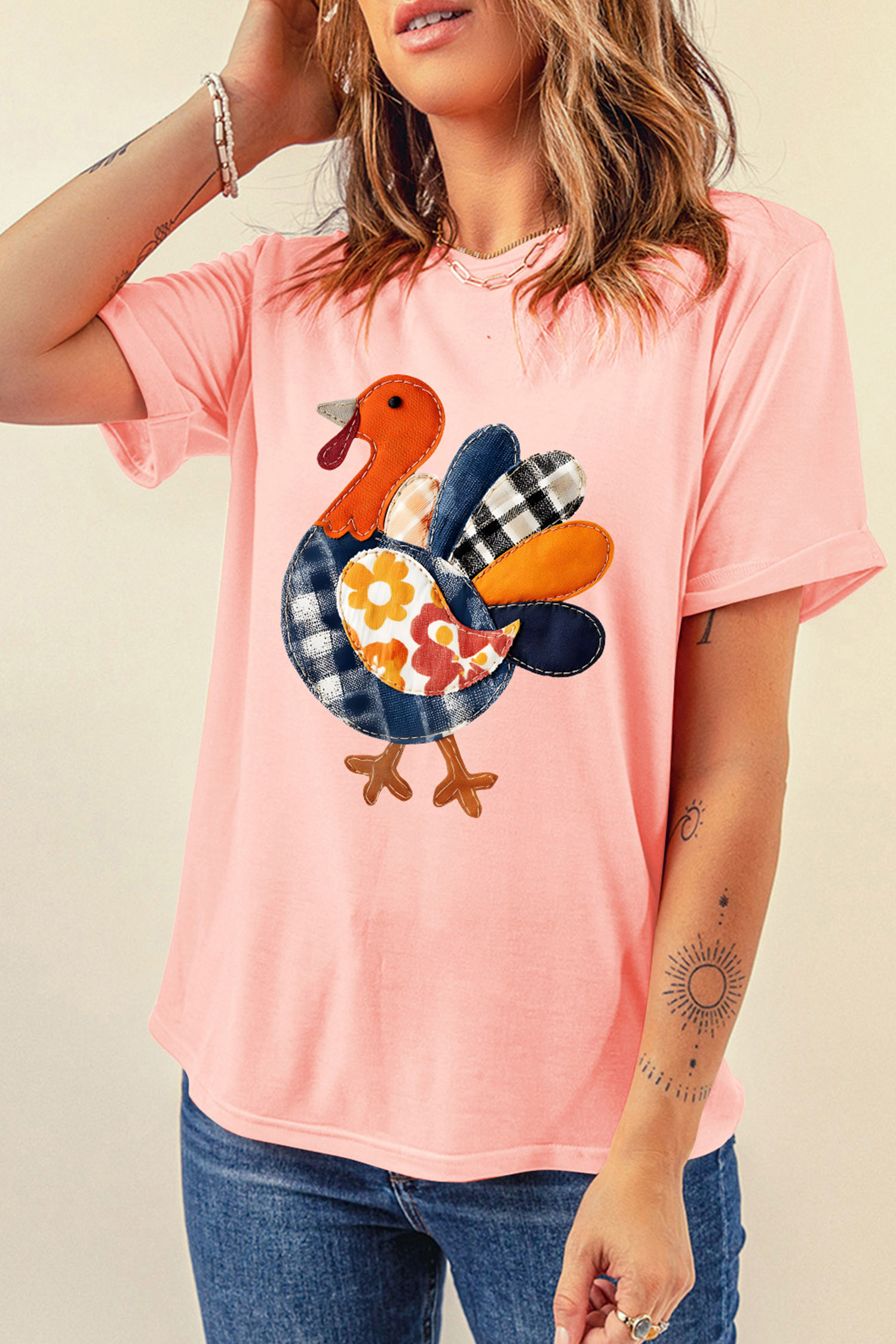 Women's Pink Turkey T-Shirt, Casual Fall Graphic Tee - Detail View 7 Women's Pink Turkey T-Shirt, Casual Fall Graphic Tee - Detail View 7