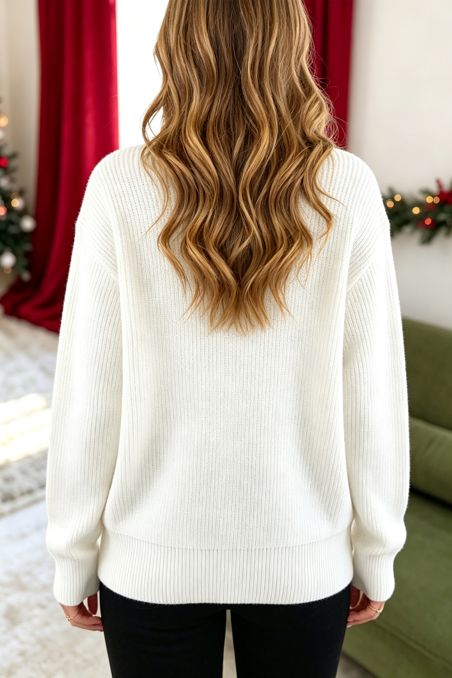 Women's Embroidered Merry Sweater, Festive Wreath - Detail View 5 Women's Embroidered Merry Sweater, Festive Wreath - Detail View 5