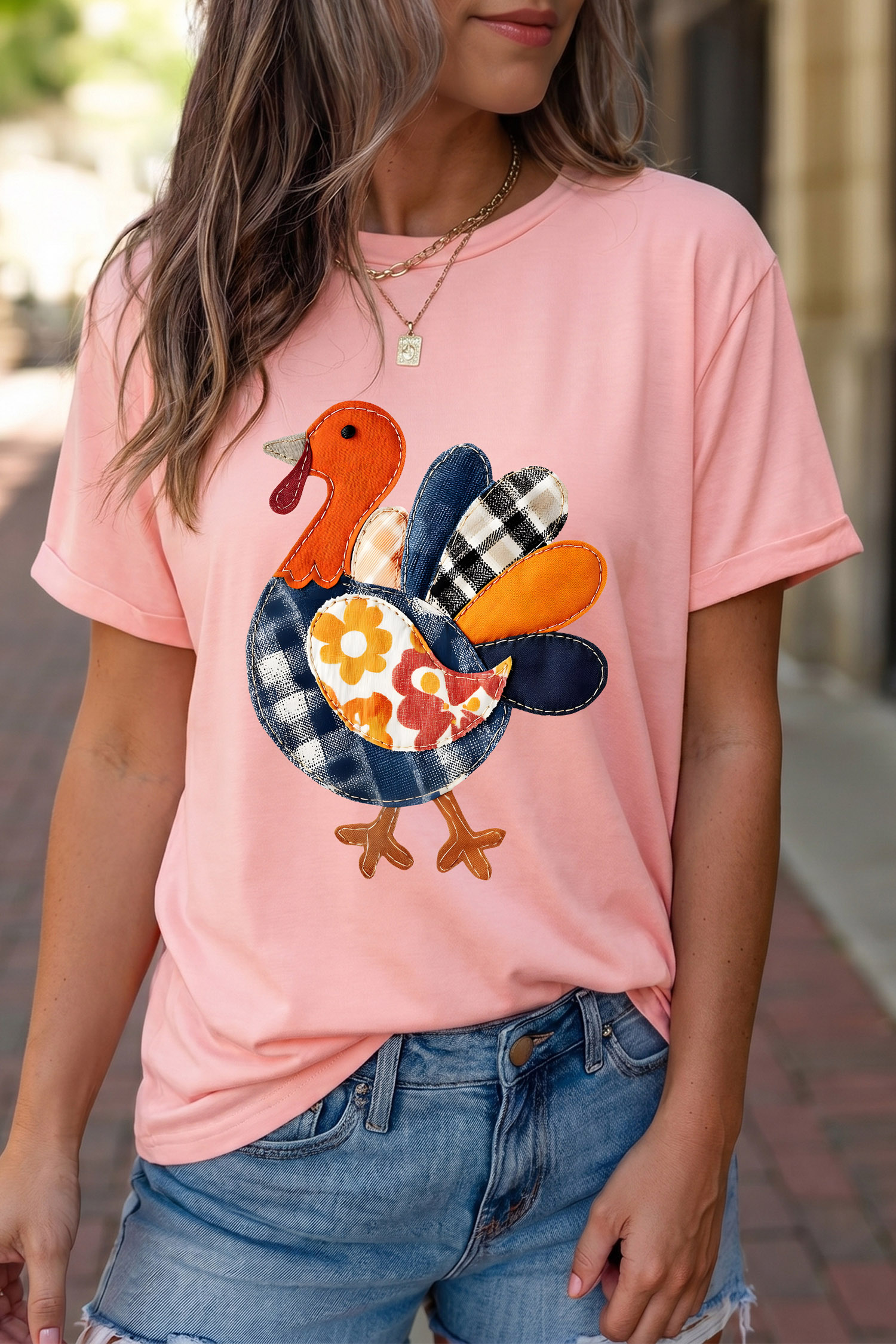 Cotton Blend Turkey Graphic Tee, Women's Pink Shirt - Detail View 3 Cotton Blend Turkey Graphic Tee, Women's Pink Shirt - Detail View 3