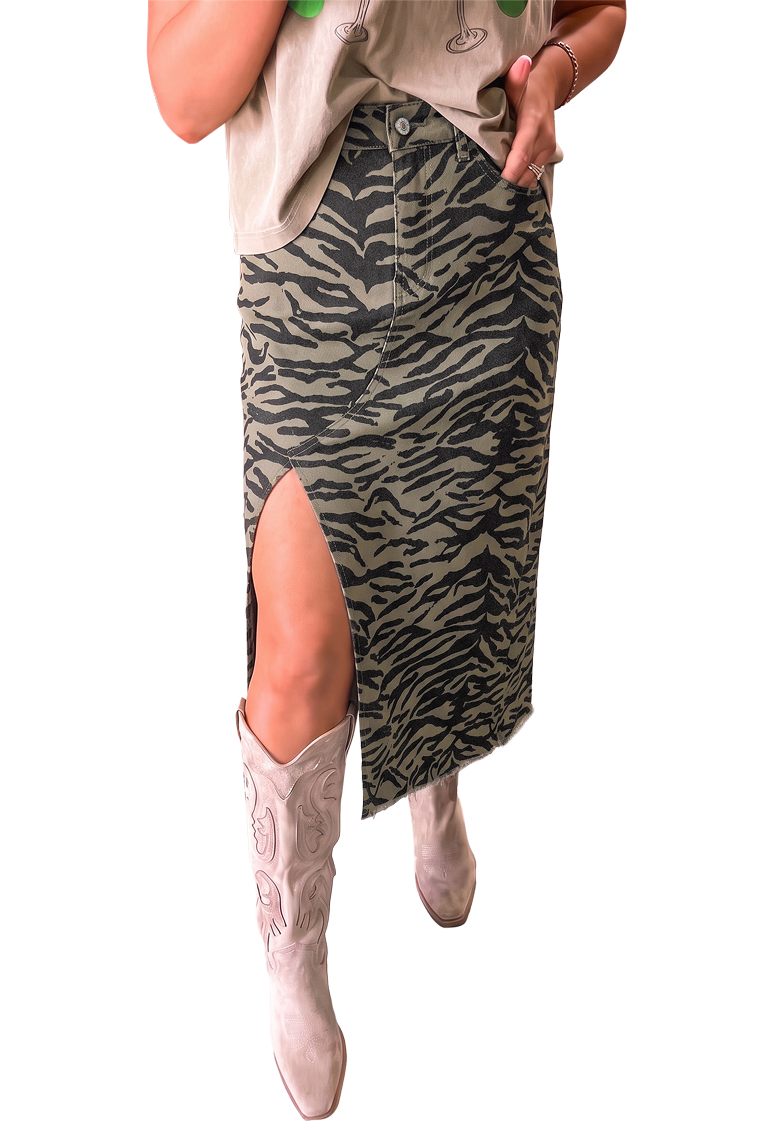 Women's Denim Midi Skirt, Casual Animal Print Side Split - Main View Women's Denim Midi Skirt, Casual Animal Print Side Split - Main View